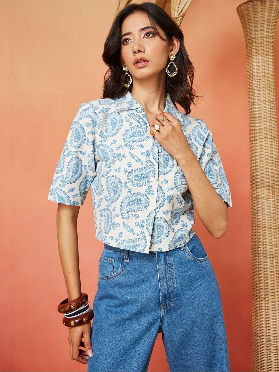 Cream and Blue Pure Cotton Paisley Print Casual Shirt Featuring a Notch Collar Design