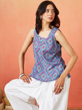Blue Pure Cotton Geometric Print Ethnic Top Featuring a Square Neck Design