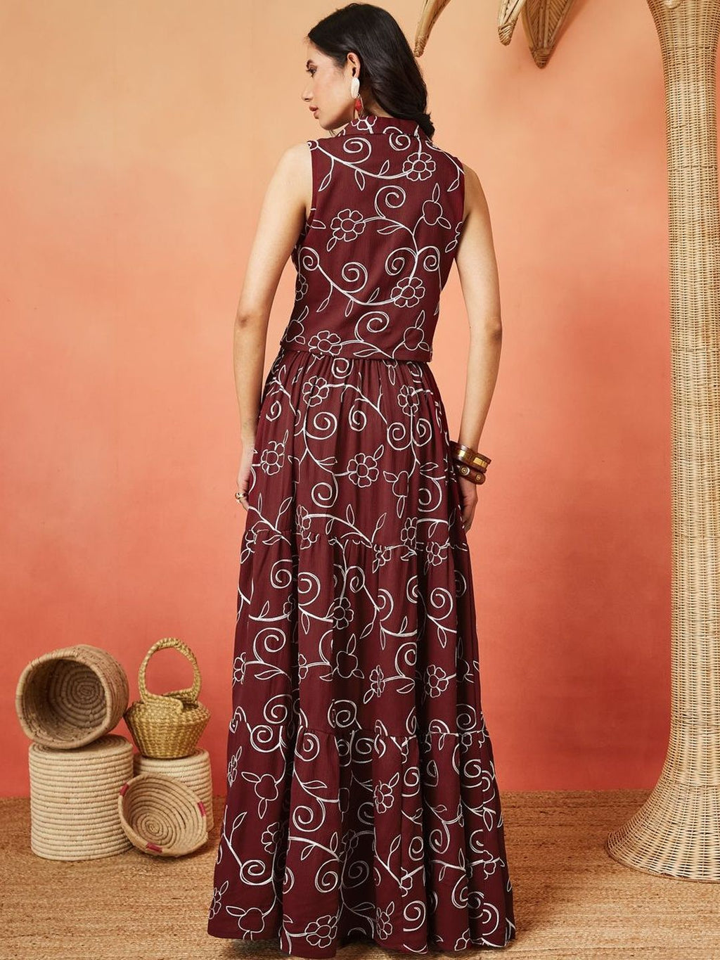 Maroon and White Pure Cotton Floral Print Sleeveless Top and Maxi Skirt Co-ord Set for Women