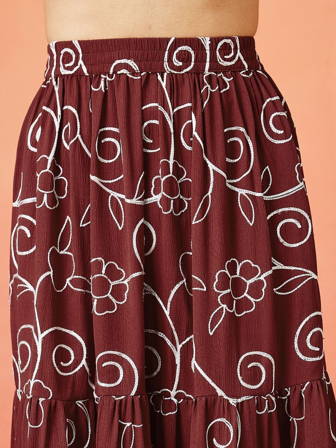 Maroon and White Pure Cotton Floral Print Sleeveless Top and Maxi Skirt Co-ord Set for Women