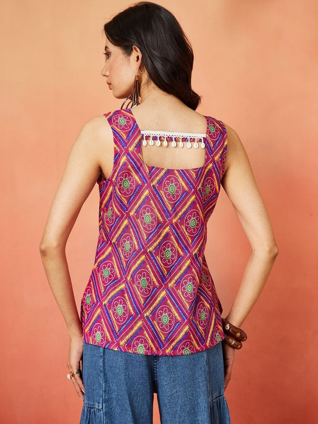 Magenta Pure Cotton Geometric Print Casual Top Featuring a Square Neck Design