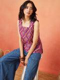 Magenta Pure Cotton Geometric Print Casual Top Featuring a Square Neck Design