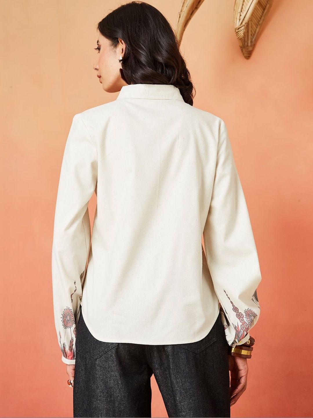 Cream Pure Cotton Casual Shirt with Floral Printed Sleeves Featuring a Standard Collar Design