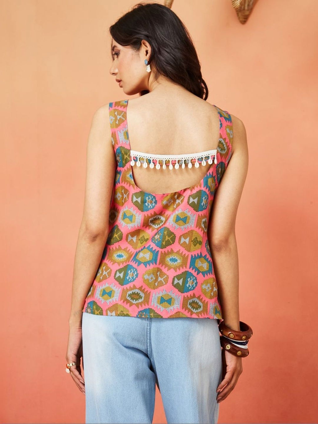 Multicolor Pink and Olive Green Pure Cotton Ethnic Printed Sleeveless Top Featuring a Round Neck Design