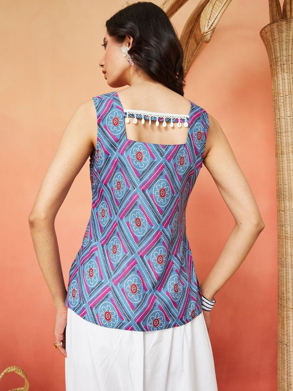 Blue Pure Cotton Geometric Print Ethnic Top Featuring a Square Neck Design