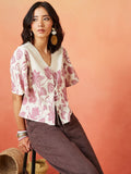Cream and Pink Pure Cotton Floral Print Casual Top Featuring a V-Neck and Front Tie-Up Design