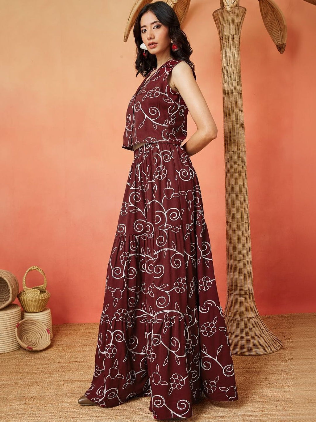 Maroon and White Pure Cotton Floral Print Sleeveless Top and Maxi Skirt Co-ord Set for Women