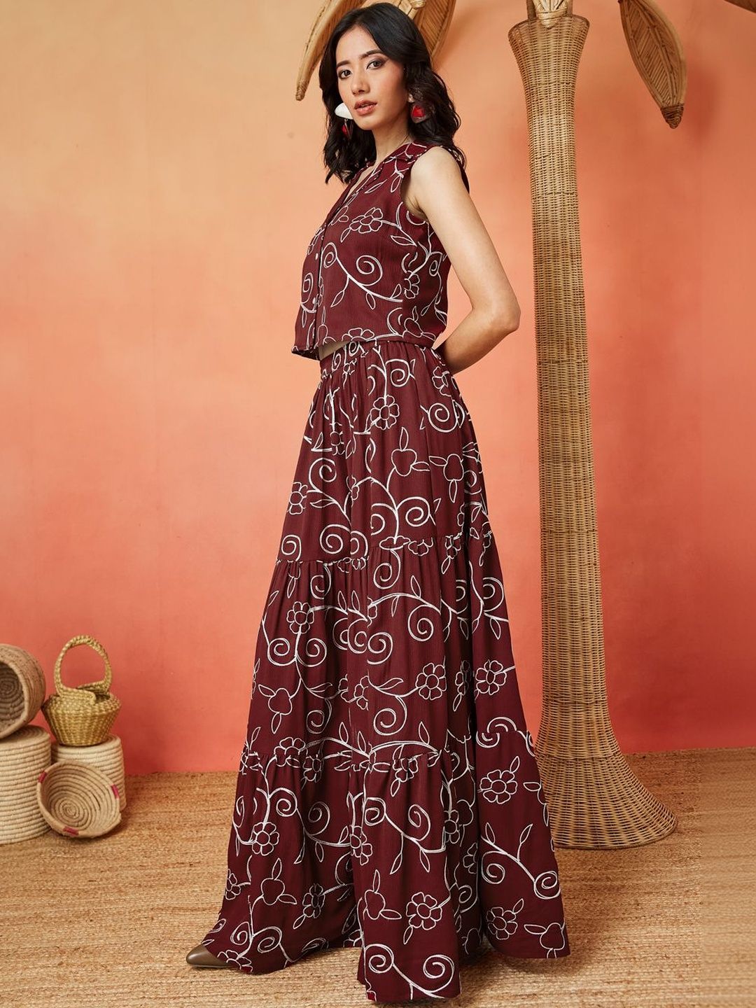 Maroon and White Pure Cotton Floral Print Sleeveless Top and Maxi Skirt Co-ord Set for Women