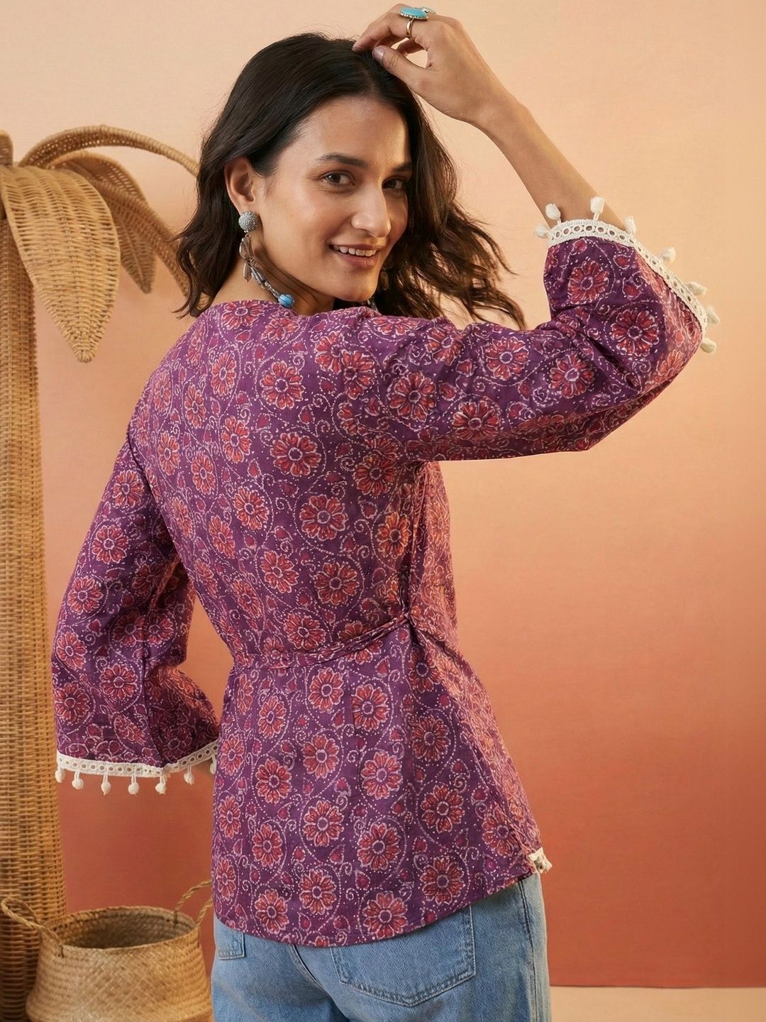 Purple Pure Cotton Floral Print Wrap Top Featuring a V-Neck Wrap Design