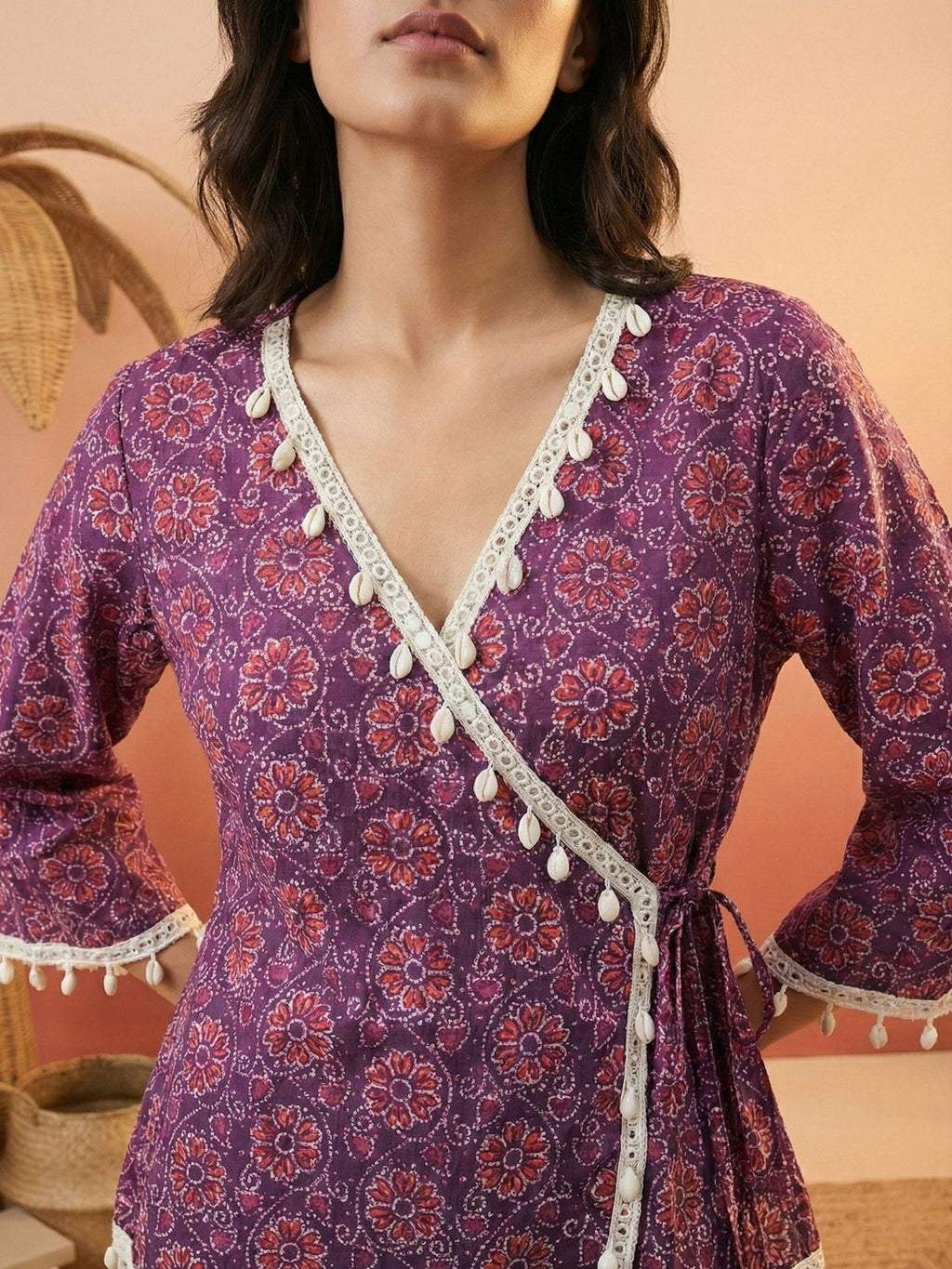 Purple Pure Cotton Floral Print Wrap Top Featuring a V-Neck Wrap Design
