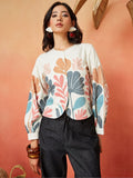 Cream Multi-Colored Pure Cotton Botanical Print Regular Shirt Featuring a Collarless Round Neck Design