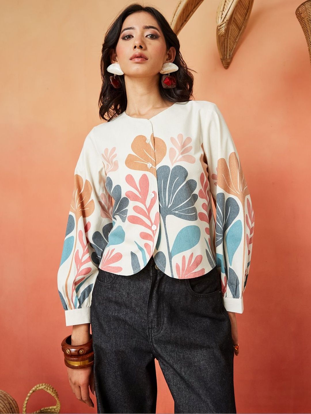 Cream Multi-Colored Pure Cotton Botanical Print Regular Shirt Featuring a Collarless Round Neck Design