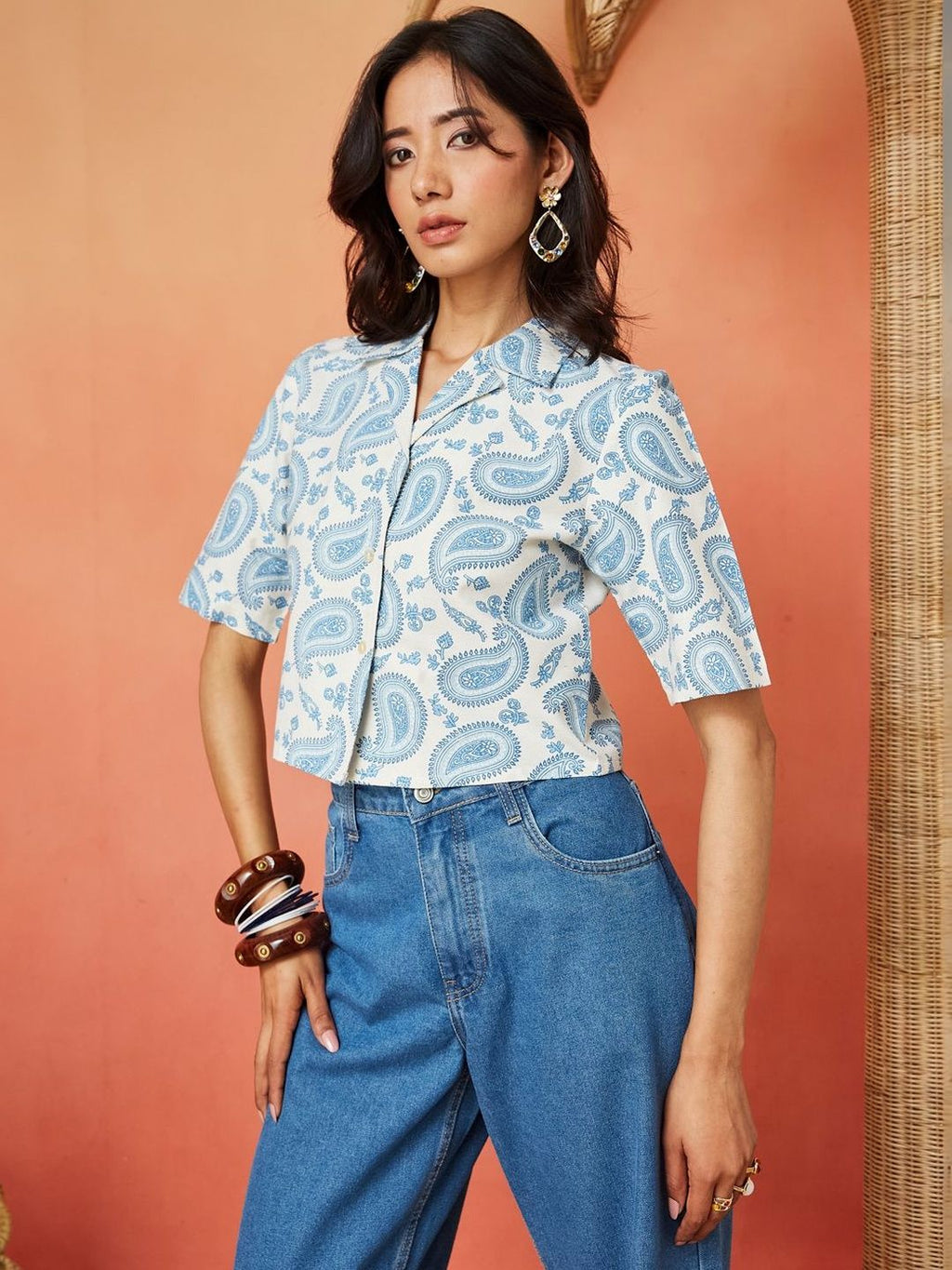 Cream and Blue Pure Cotton Paisley Print Casual Shirt Featuring a Notch Collar Design