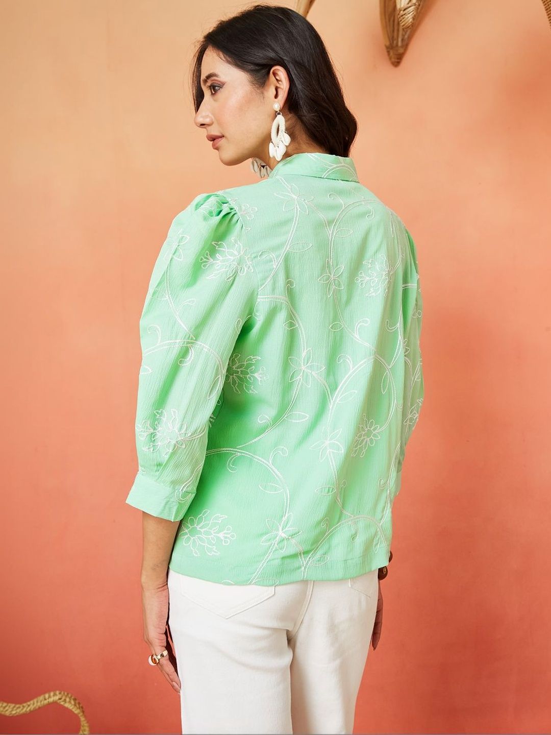 Light Green and White Pure Cotton Floral Thread Work Casual Shirt Featuring Puff Sleeves